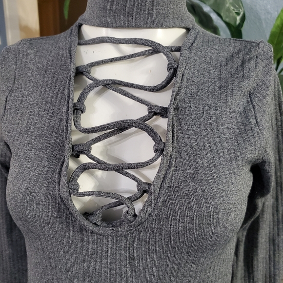 Gray Longsleeved Choker Neckline Caged  Bodysuit New Mix S-M - Picture 8 of 9